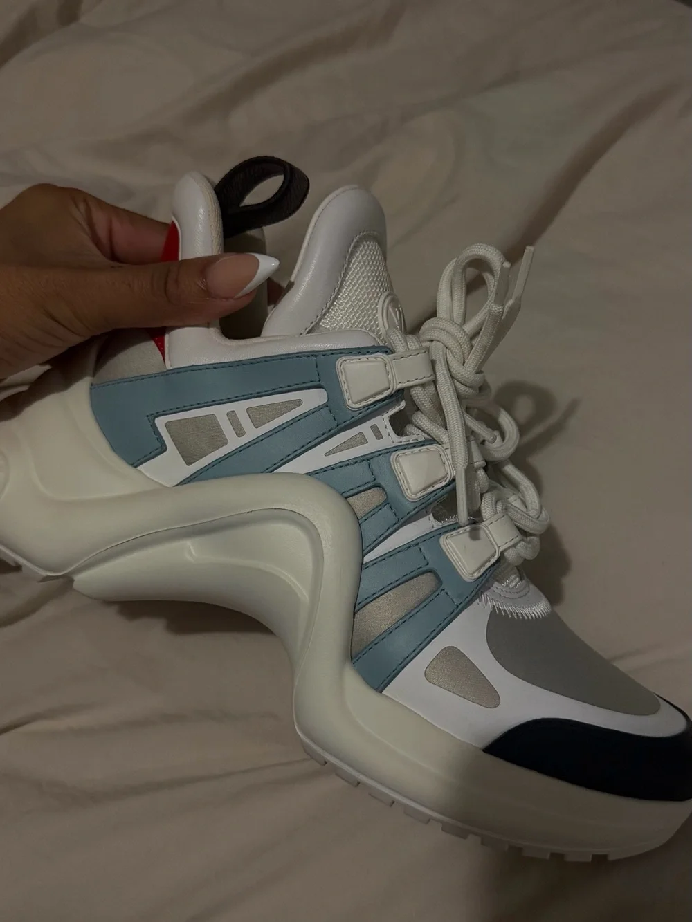 Chunky Athletic Lace-Up Sneakers in White & Light Blue
